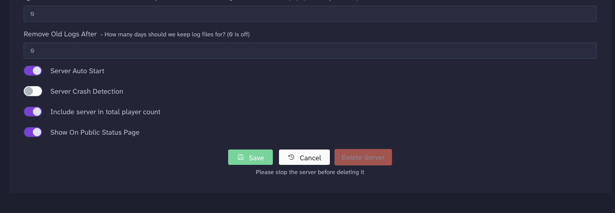 Crafty's Server Auto Start setting enabled